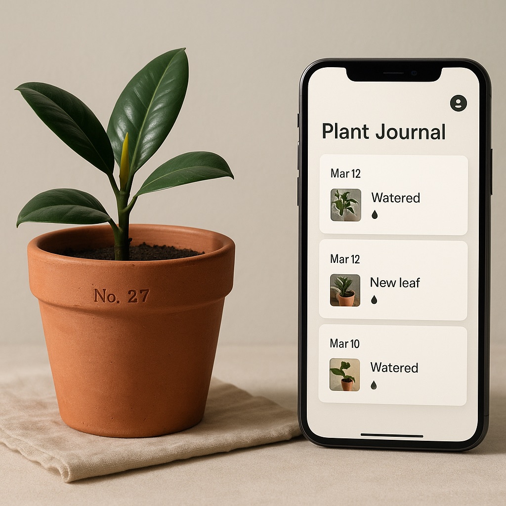 Rooto 화분 옆 Plant Journey 앱 목업